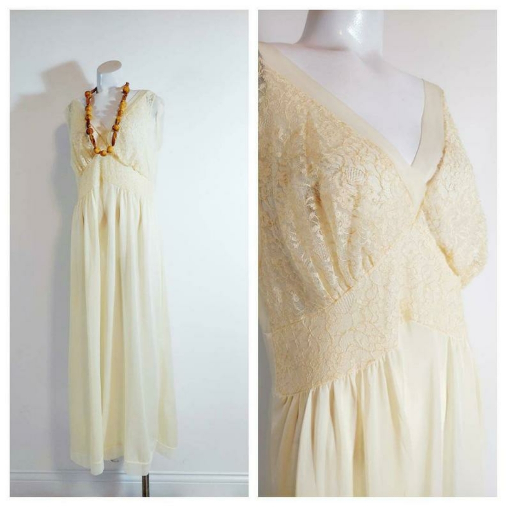 Vintage yellow chiffon nylon lace night gown sheer